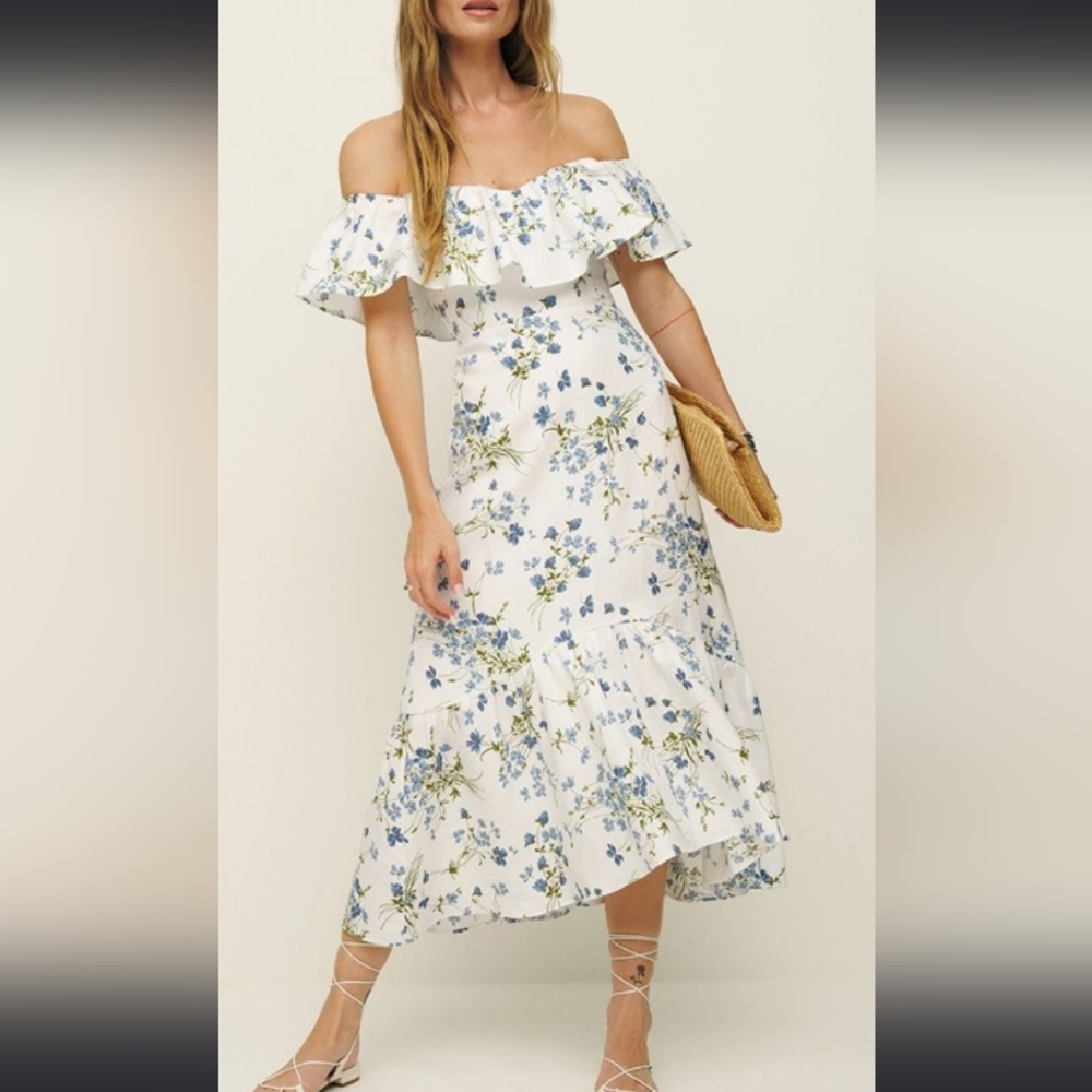 Reformation Baela White Linen Midi Wedding Rehearsal Engagement Dress